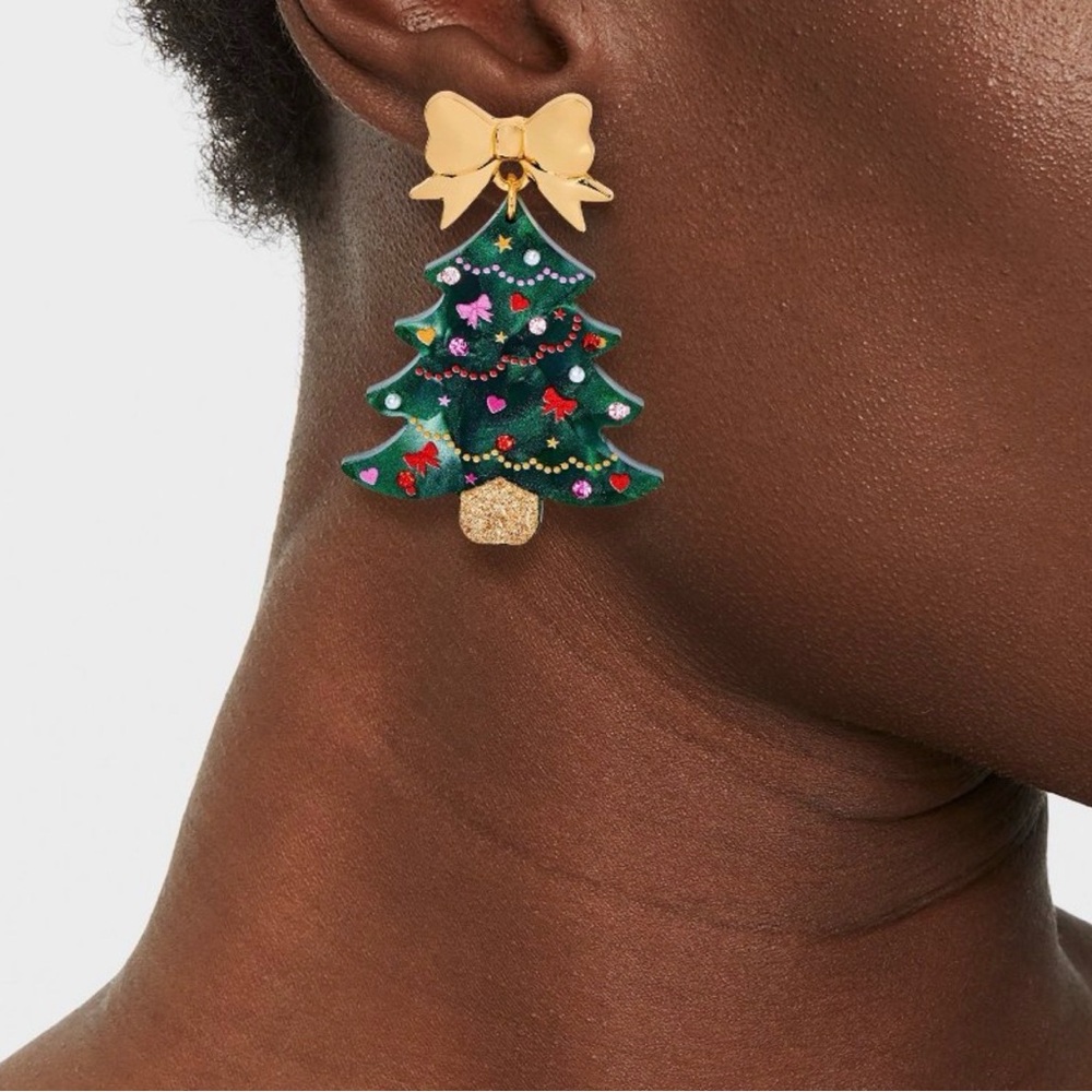 Christmas Tree and Bow Post Drop Earrings